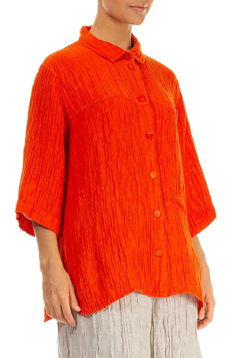 Crinkled Flame Orange Silk Shirt 4
