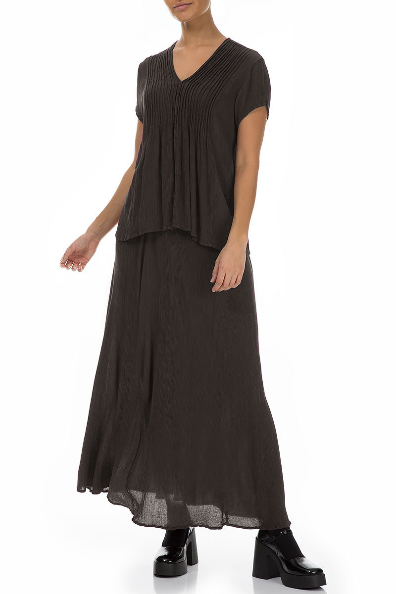 Crinkled Forest Brown Silk Viscose Skirt 4