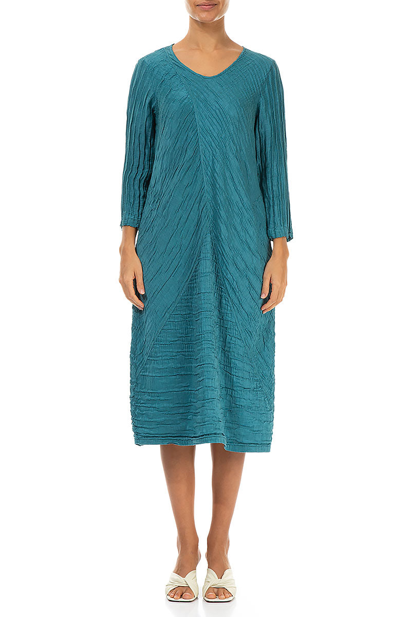 Crinkled Turquoise Silk Linen Midi Dress 1