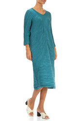 Crinkled Turquoise Silk Linen Midi Dress 3