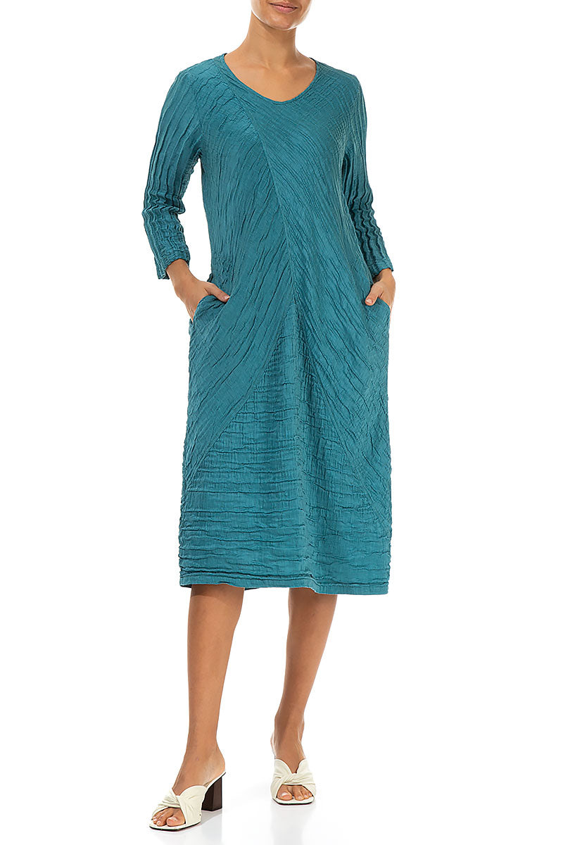 Crinkled Turquoise Silk Linen Midi Dress 4