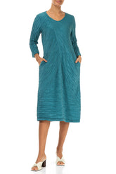 Crinkled Turquoise Silk Linen Midi Dress 4