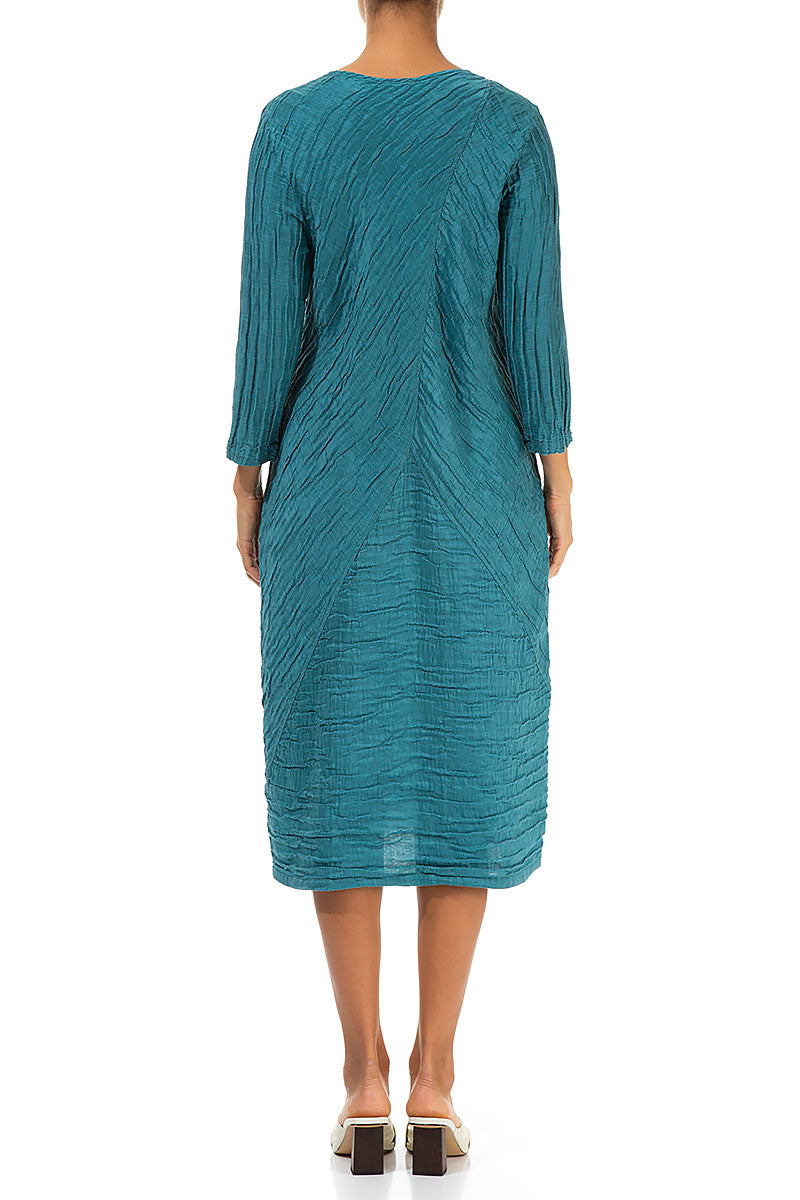 Crinkled Turquoise Silk Linen Midi Dress 2