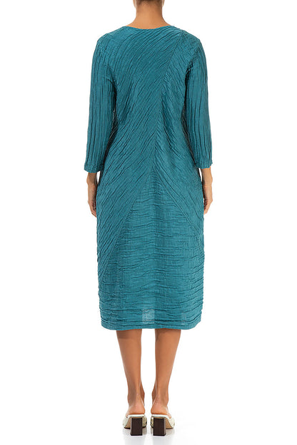 Crinkled Turquoise Silk Linen Midi Dress 2