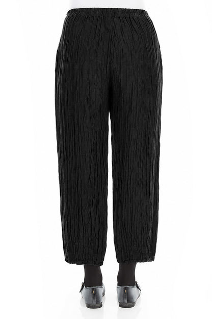 Cropped Crinkled Black Silk Linen Trousers