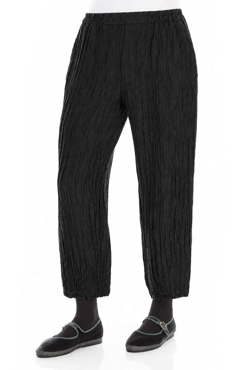 Cropped Crinkled Black Silk Linen Trousers