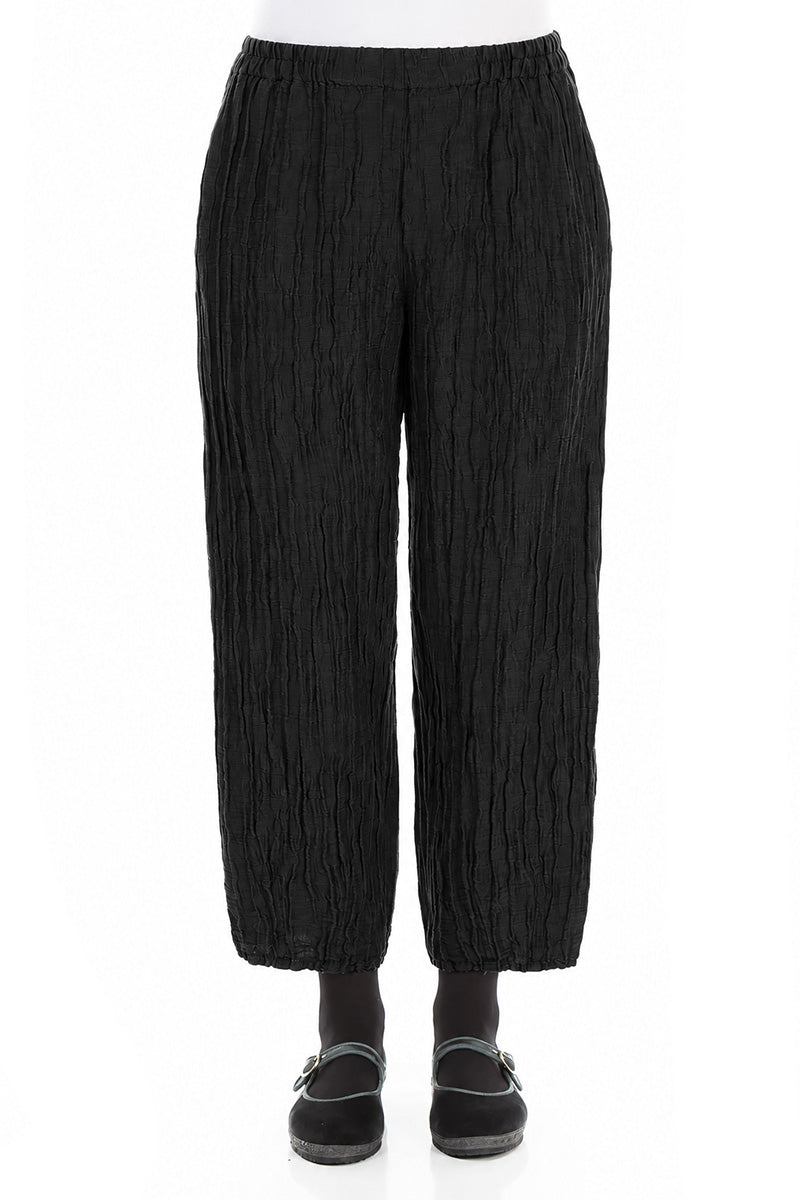 Cropped Crinkled Black Silk Linen Trousers