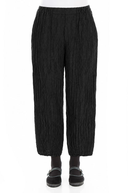Cropped Crinkled Black Silk Linen Trousers