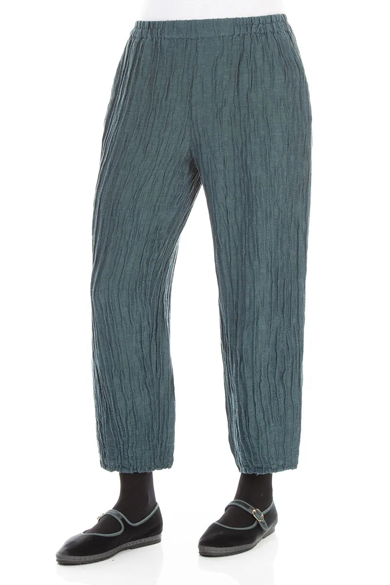 Cropped Crinkled Deep Turquoise Silk Linen Trousers 3