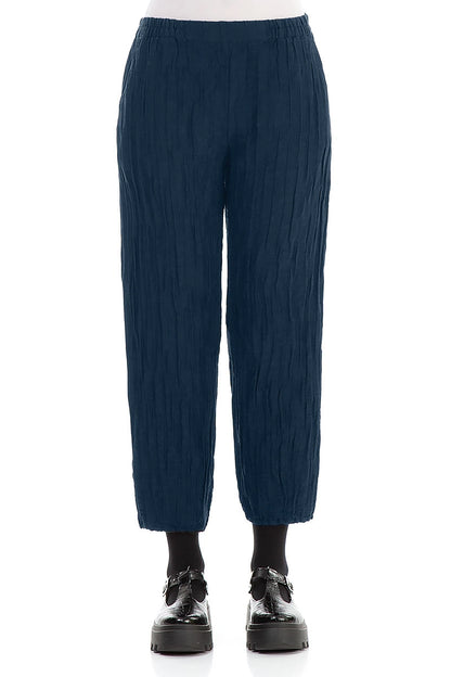 Cropped Crinkled Royal Blue Silk Linen Trousers