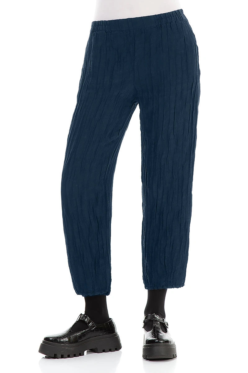 Cropped Crinkled Royal Blue Silk Linen Trousers 3