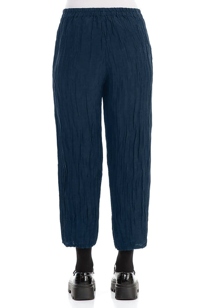 Cropped Crinkled Royal Blue Silk Linen Trousers
