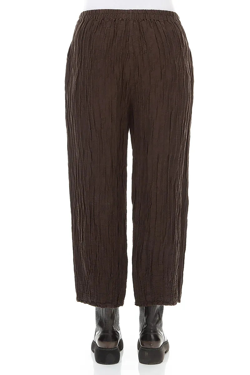 Cropped Crinkled Truffle Brown Silk Linen Trousers 2