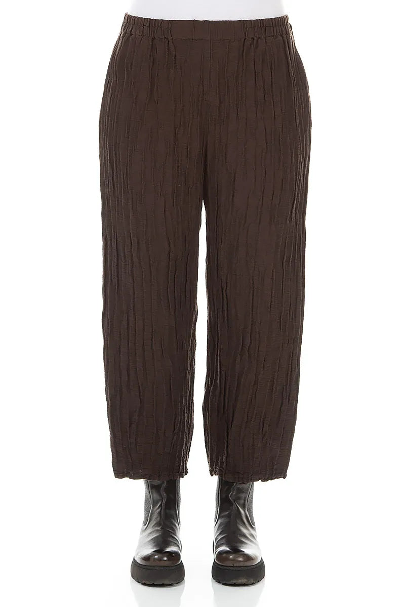 Cropped Crinkled Truffle Brown Silk Linen Trousers 1