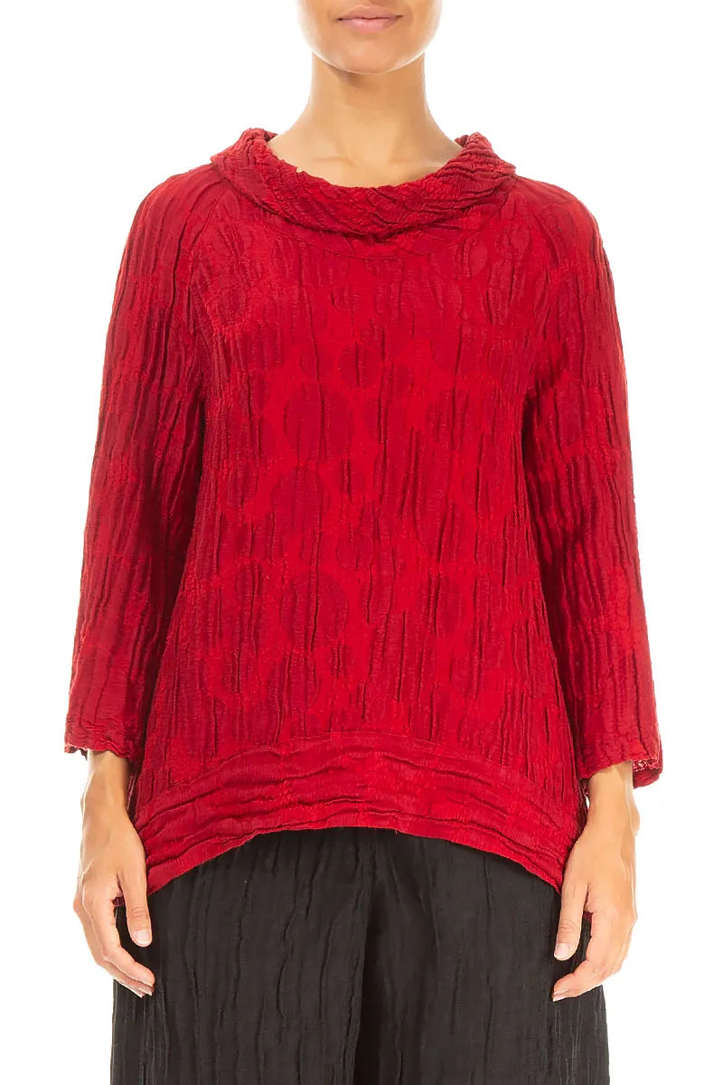 Cropped Sleeves Cherry Red Circle Silk Linen Blouse