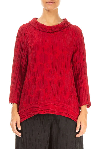 Cropped Sleeves Cherry Red Circle Silk Linen Blouse