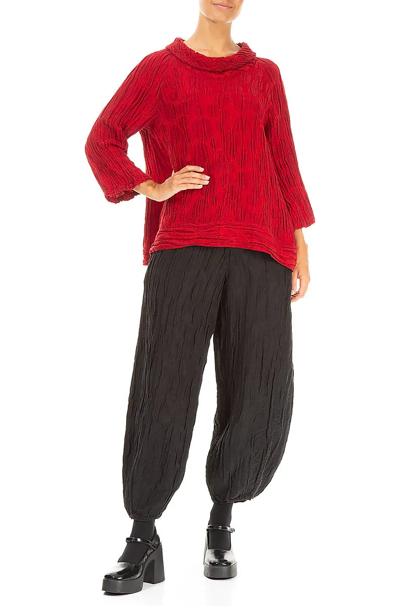 Cropped Sleeves Cherry Red Circle Silk Linen Blouse