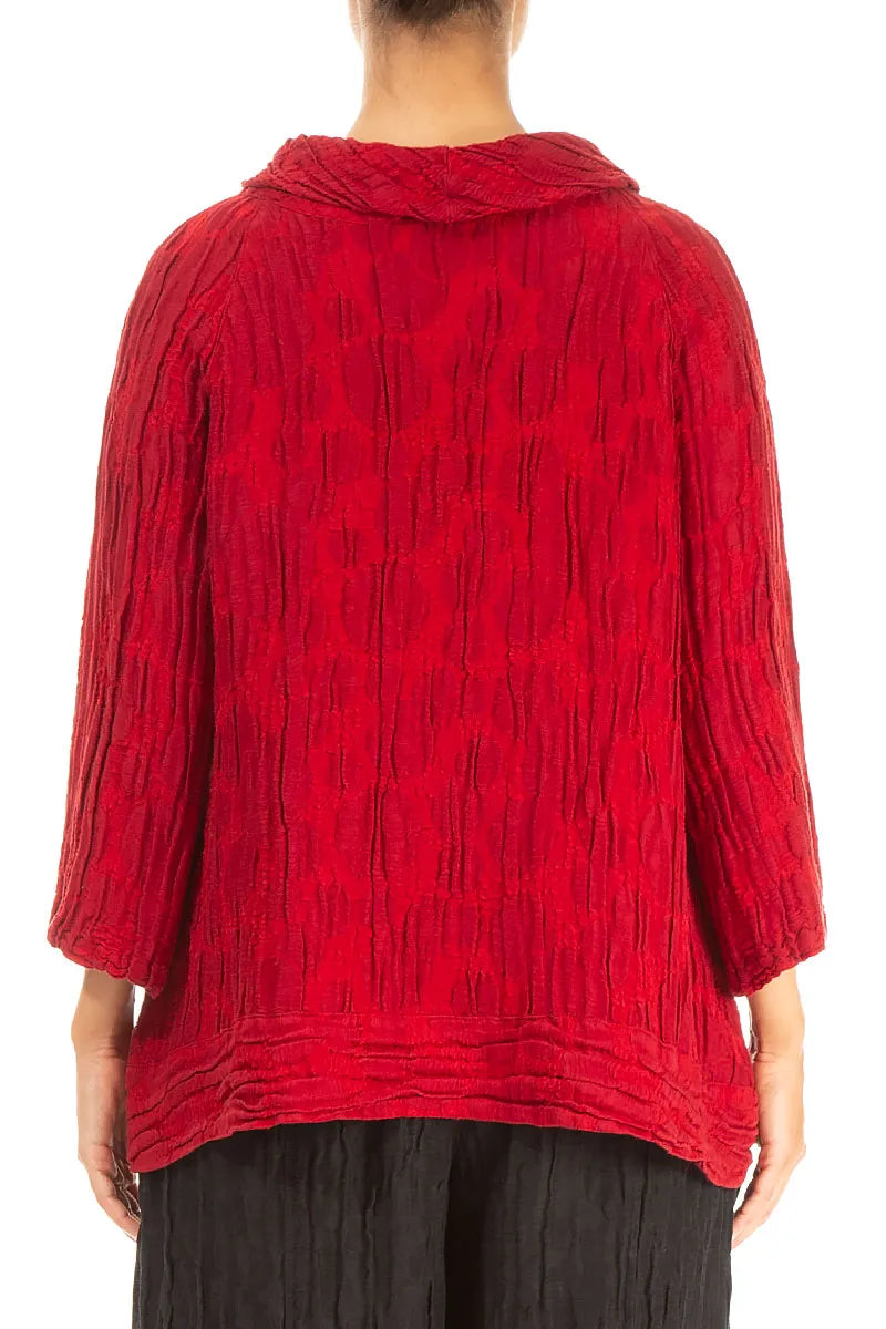 Cropped Sleeves Cherry Red Circle Silk Linen Blouse