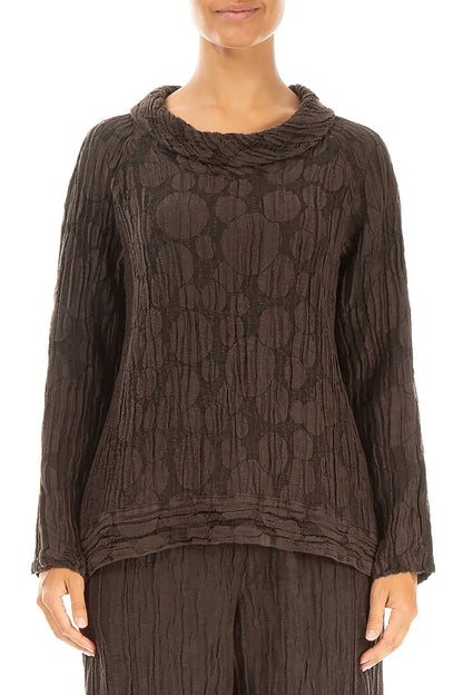 Long Sleeves Forest Brown Circle Silk Linen Blouse 1