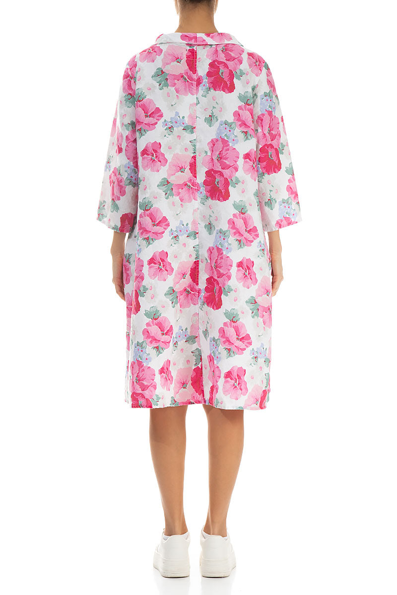 Cropped Sleeves Cowl Neck Peony Blossom Linen Dress 2