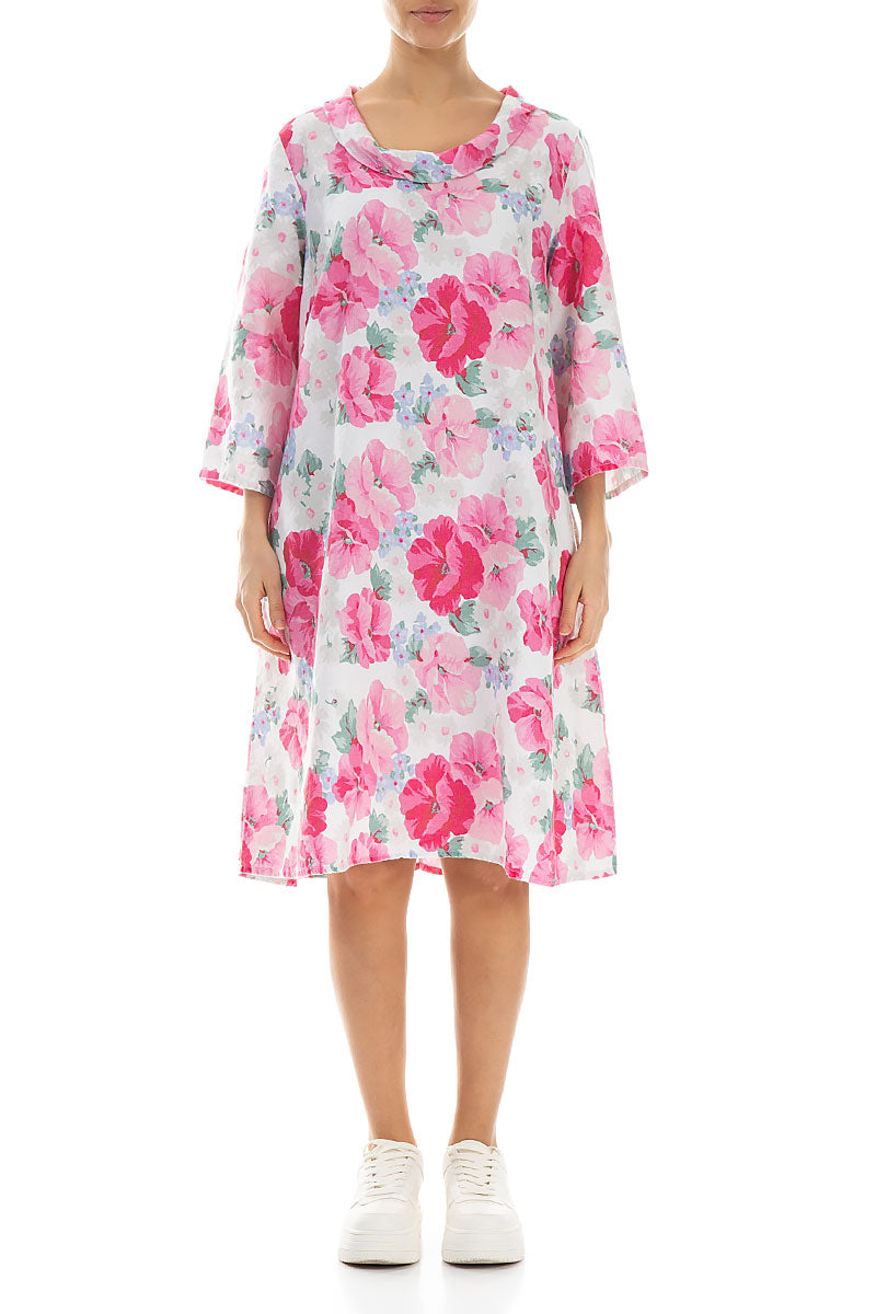 Cropped Sleeves Cowl Neck Peony Blossom Linen Dress 1