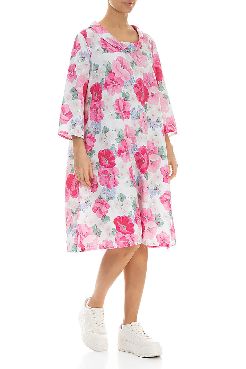 Cropped Sleeves Cowl Neck Peony Blossom Linen Dress 3