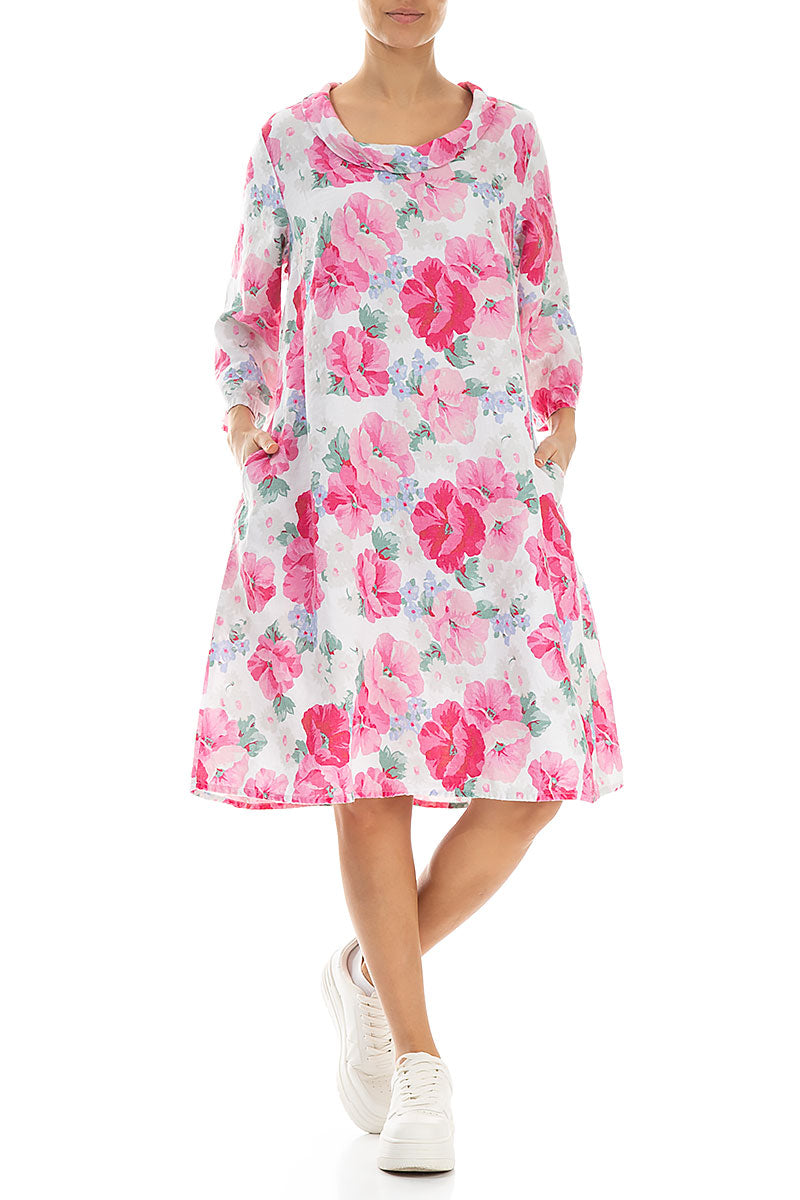 Cropped Sleeves Cowl Neck Peony Blossom Linen Dress 4