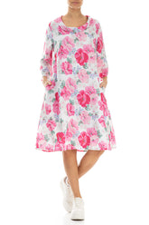 Cropped Sleeves Cowl Neck Peony Blossom Linen Dress 4