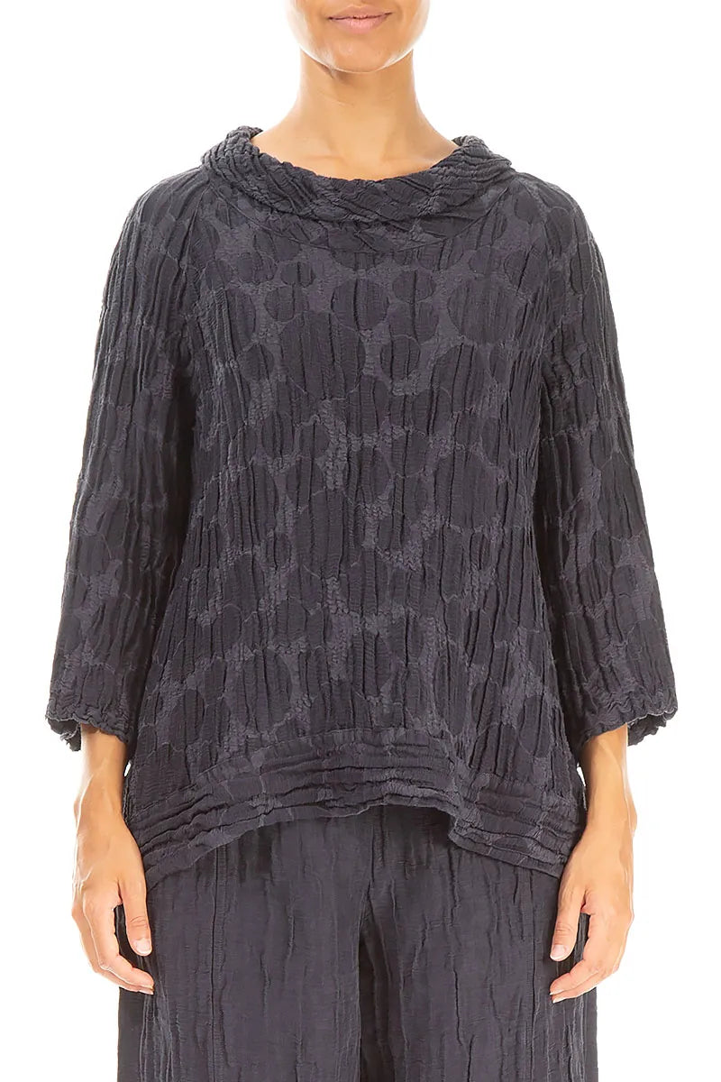 Cropped Sleeves Slate Blue Circle Silk Linen Blouse