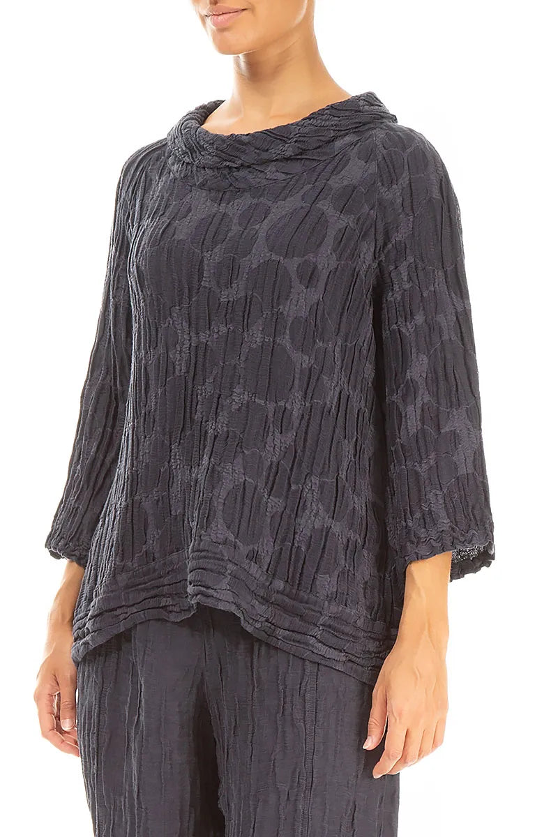 Cropped Sleeves Slate Blue Circle Silk Linen Blouse