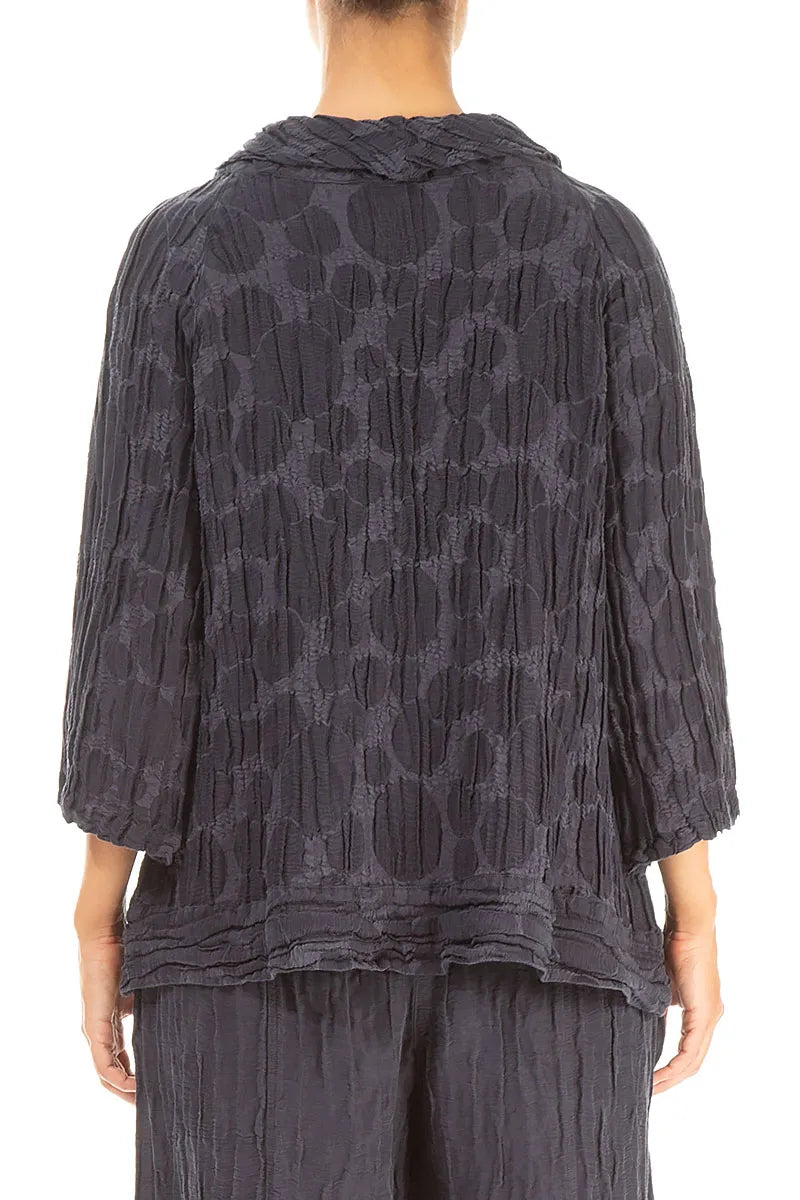 Cropped Sleeves Slate Blue Circle Silk Linen Blouse