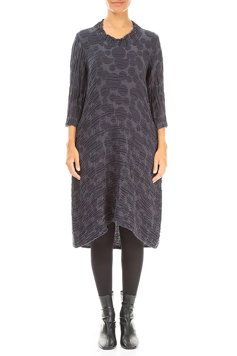 Robe courte en soie et lin bleu ardoise à manches courtes et imprimé circulaire