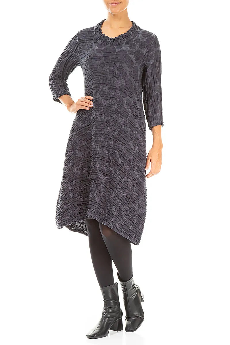 Robe courte en soie et lin bleu ardoise à manches courtes et imprimé circulaire