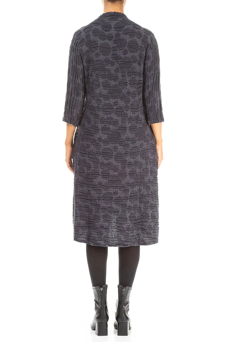 Robe courte en soie et lin bleu ardoise à manches courtes et imprimé circulaire