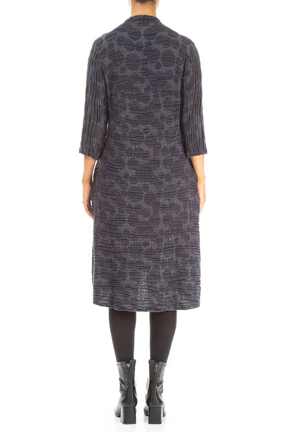 Robe courte en soie et lin bleu ardoise à manches courtes et imprimé circulaire