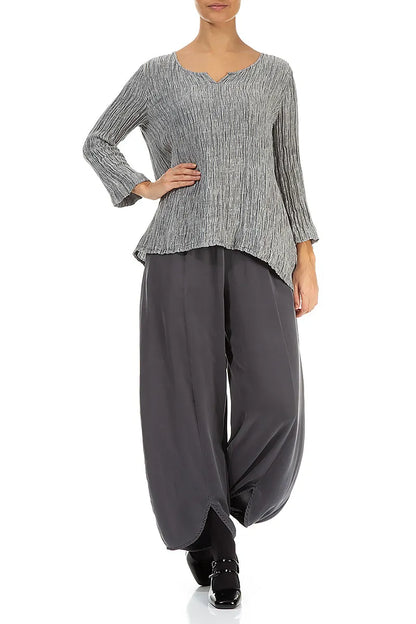 Cropped Sleeves Sweetheart Neck Crinkled Silver Silk Blouse 4