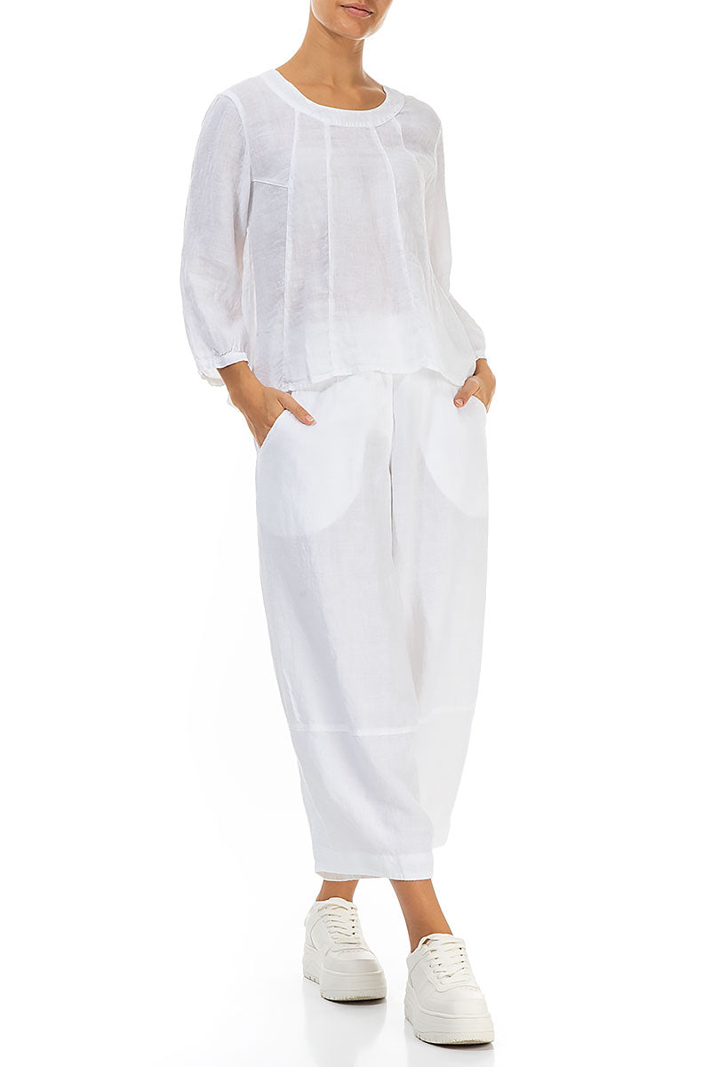 Cropped Sleeves White Linen Blouse 4