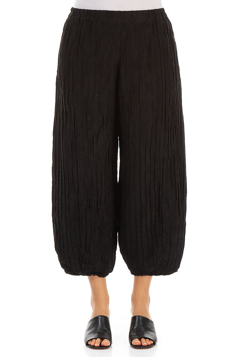 Cropped Taper Black Silk Linen Trousers 1