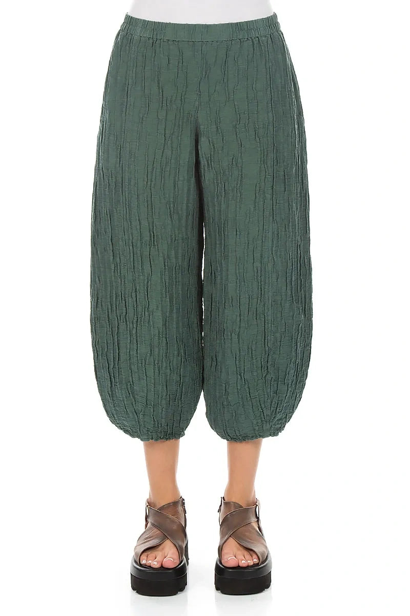 Cropped Taper Crinkled Sage Silk Linen Trousers
