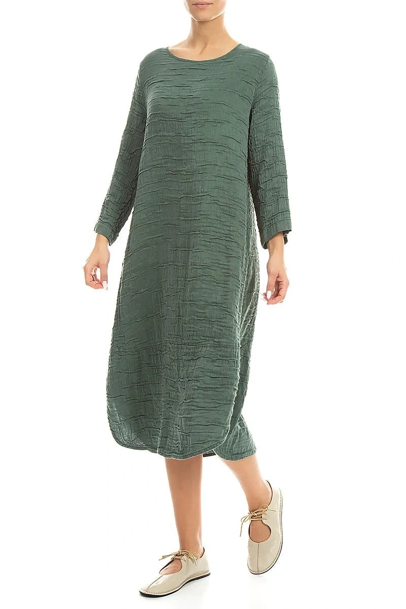 Curved Hem Sage Crinkled Silk Linen Dress 3