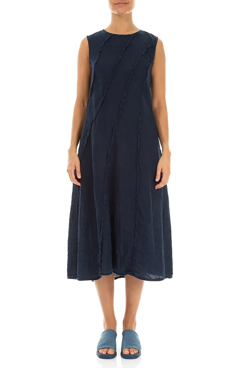 Marineblaues Leinenkleid mit geschwungener Naht
