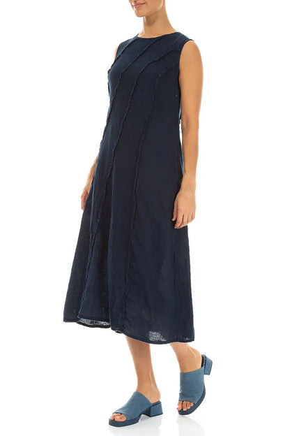 Marineblaues Leinenkleid mit geschwungener Naht