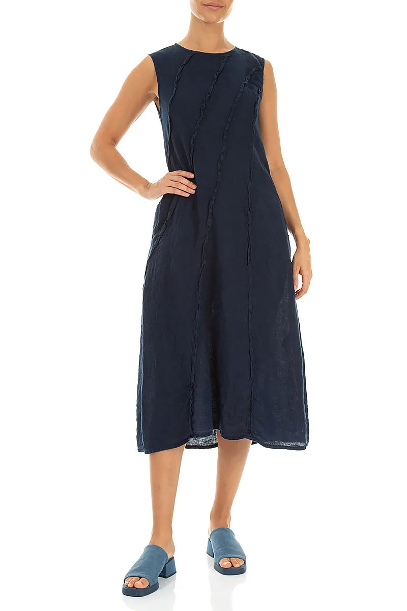 Marineblaues Leinenkleid mit geschwungener Naht