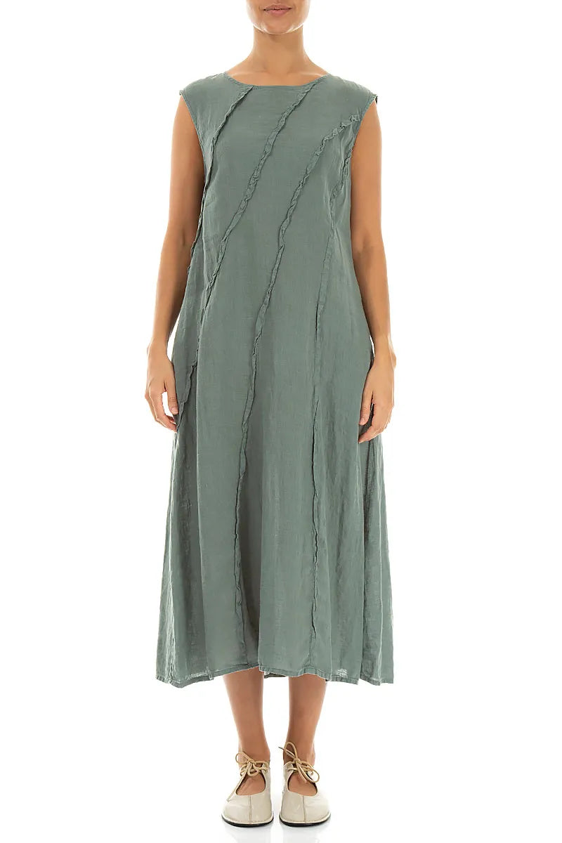 Geschwungenes Naht-Leinenkleid Salbeigrün