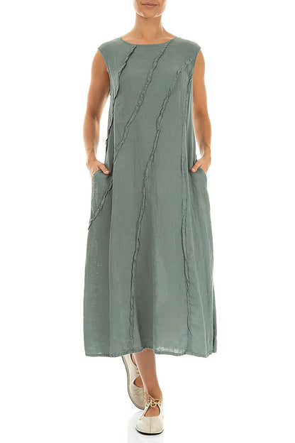 Geschwungenes Naht-Leinenkleid Salbeigrün