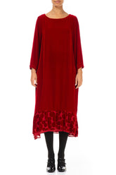 Decorated Hem Cherry Red Silk Velvet Dress 1