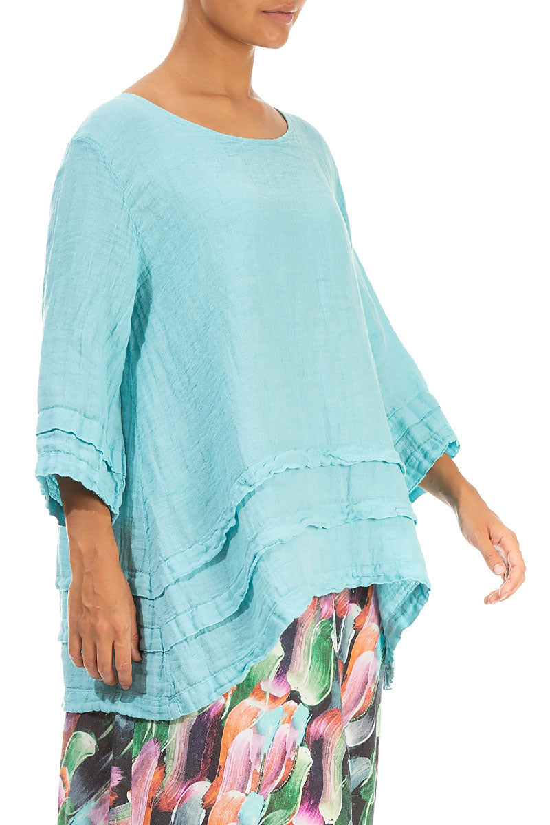 Decorated Hem Ice Blue Linen Tunic 3