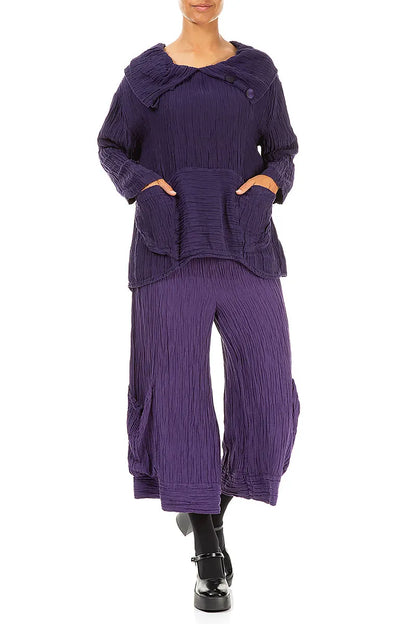 Decorative Collar Royal Purple Crinkled Silk Blouse 4
