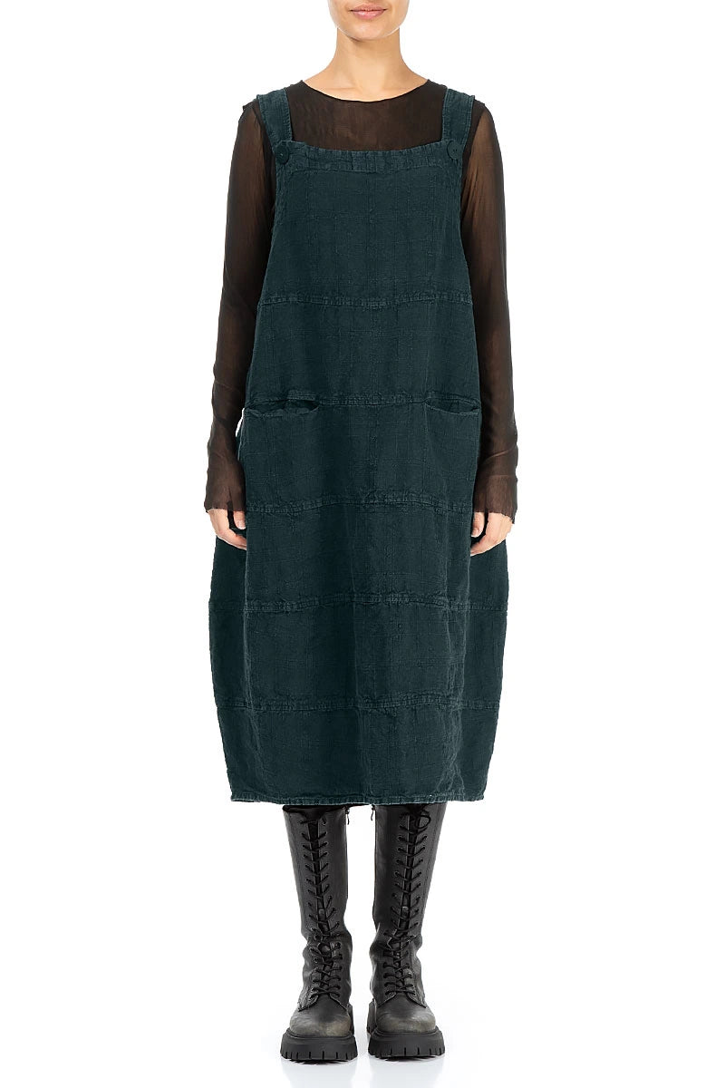 Deep Turquoise Patterned Linen Dungaree Dress
