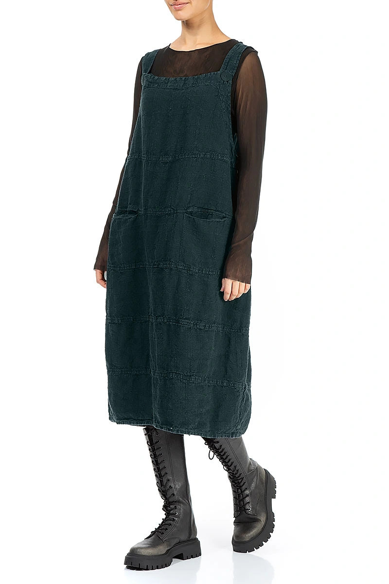 Deep Turquoise Patterned Linen Dungaree Dress 3